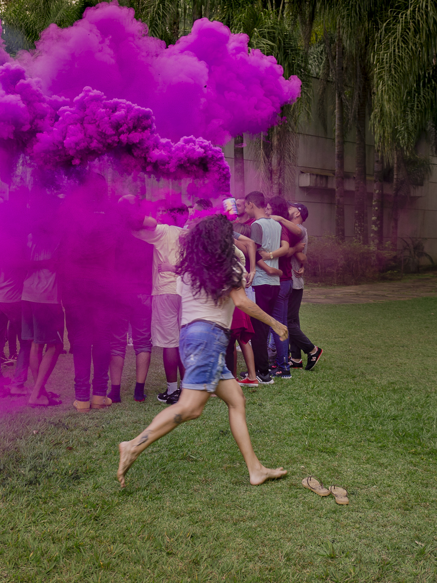 Educativo Inhotim pessoa correndo com fumaça roxa