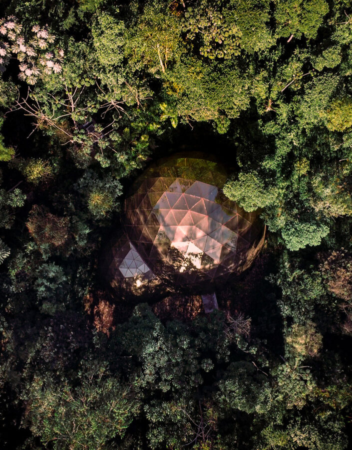 ​Matthew Barney, De lama lâmina, 2009, [vista aérea] domos geodésicos em aço e vidro, trator florestal, escultura em polietileno, 8x14x55 m. Foto: Brendon Campos