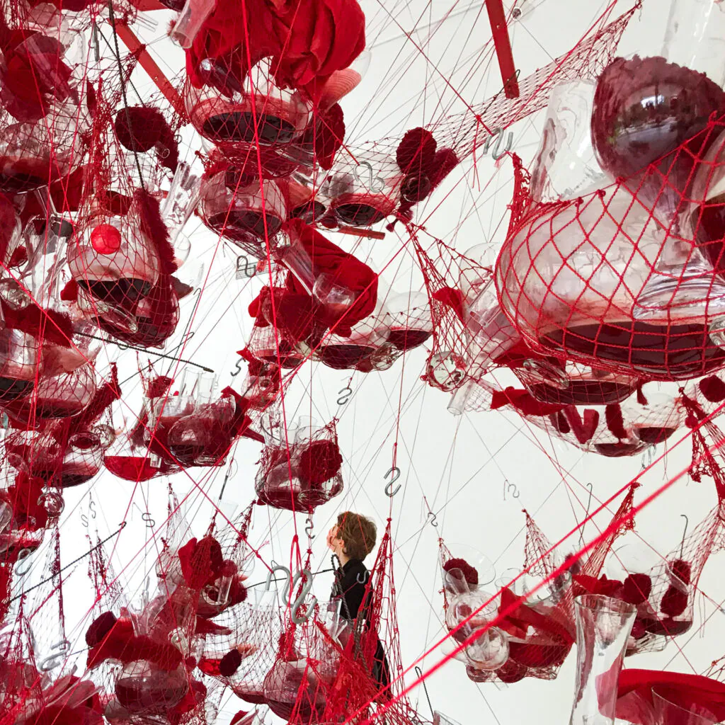 Tunga, True Rouge, 1997, [detalhe], redes, madeira, vidro soprado, pérolas de vidro, tinta vermelha, esponjas do mar, bolas de sinuca, escovas limpa-garrafa, feltro, bolas de cristal, 1315x750x450 cm. Foto: Carol Lopes.