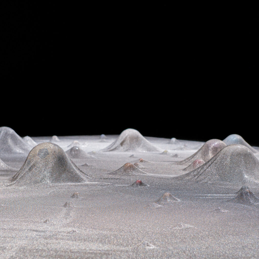 Cildo Meireles, Glove Trotter, 1991, [detalhe], malha de aço, bolas de vários tamanhos, cores e materiais, 25x520x420 cm.​ Foto: William Gomes