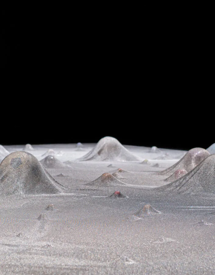 Cildo Meireles, Glove Trotter, 1991, [detalhe], malha de aço, bolas de vários tamanhos, cores e materiais, 25x520x420 cm.​ Foto: William Gomes