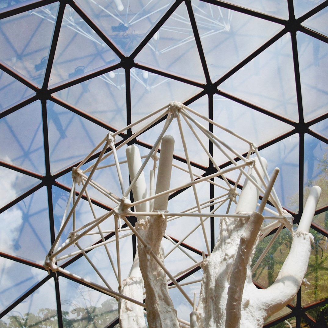 Matthew Barney, De lama lâmina, 2009,[detalhe],  domos geodésicos em aço e vidro, trator florestal, escultura em polietileno, 8x14x55 m. Foto: William Gomes