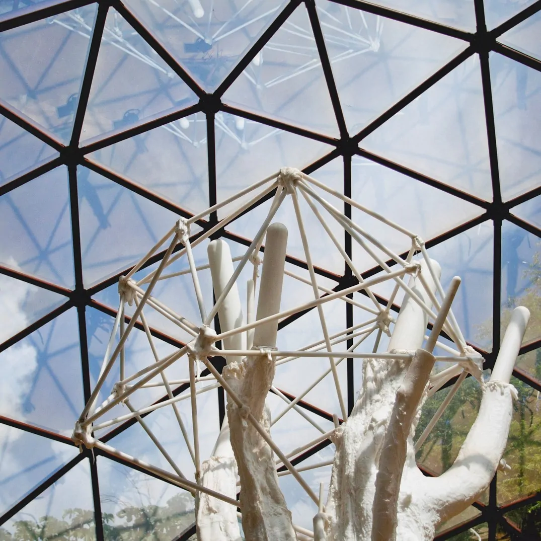 Matthew Barney, De lama lâmina, 2009,[detalhe],  domos geodésicos em aço e vidro, trator florestal, escultura em polietileno, 8x14x55 m. Foto: William Gomes